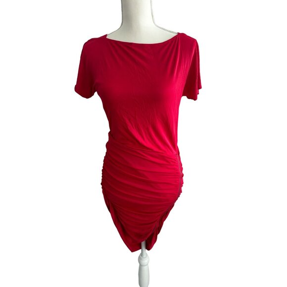 BCBGMAXAZRIA Red Side Zip Ruched Dress Size Small - Picture 3 of 5